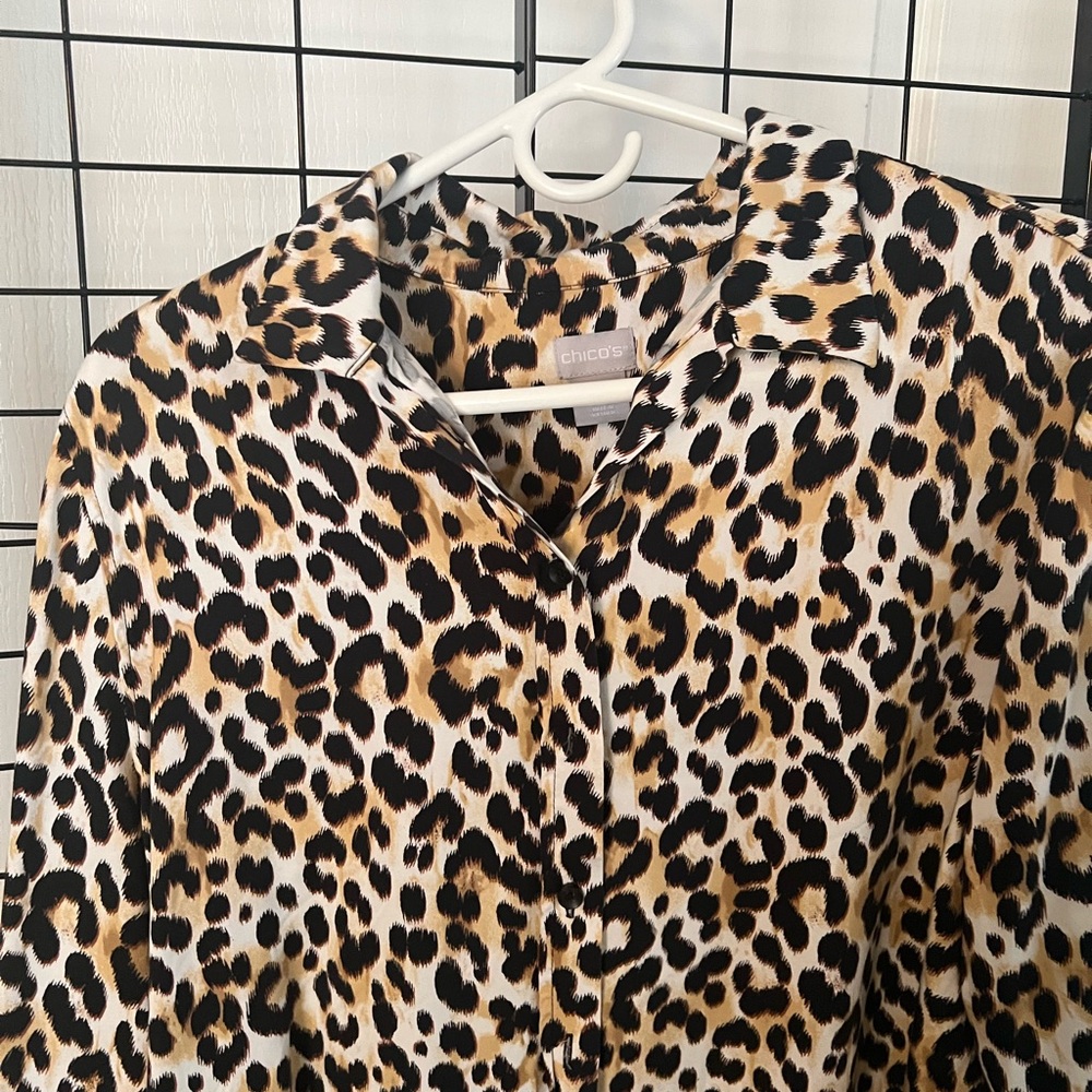 Chico's Leopard Print Button-Front Top in Black, White, and Tan